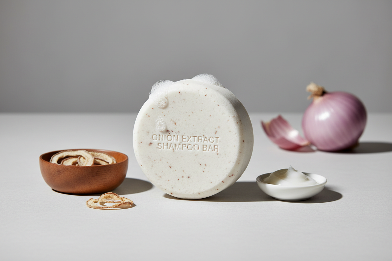 crée moi une image studio pour mon shampoing solide à l'oignon qui est de couleur blanche 