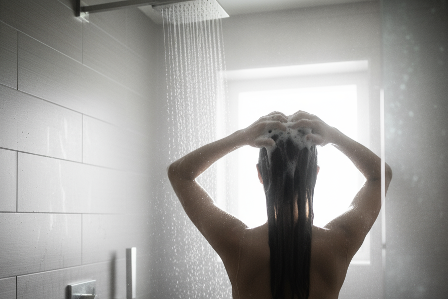 elle est sous la douche et vois que à partir de son dos qu'elle se lave les cheveux